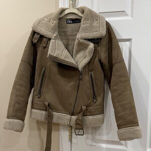 Zara Tan Shearling Teddy Jacket with Faux Leather